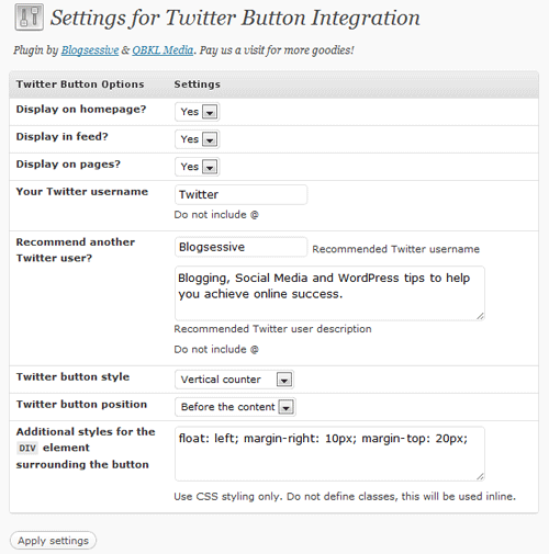 Official Twitter button WordPress Plugin