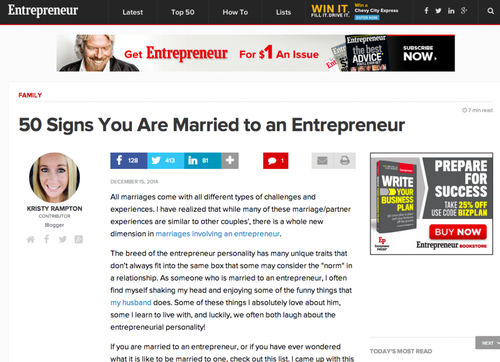 Kristy Rampton on Entrepreneur - 50 Signs You Are Married to an Entrepreneur