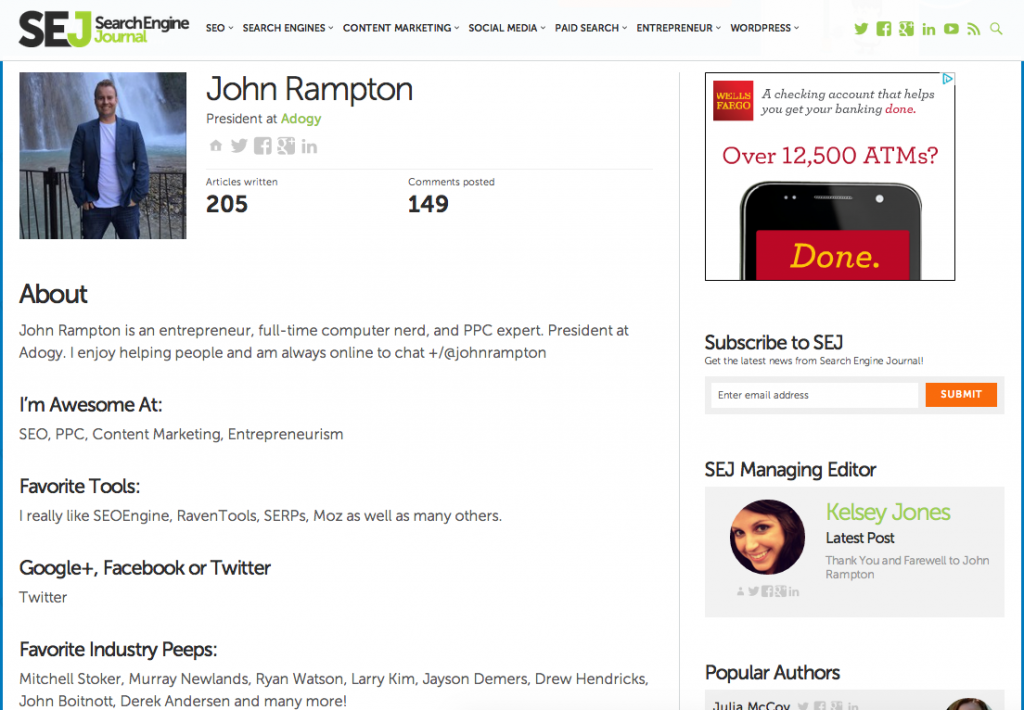 John Rampton bio on Search Engine Journal