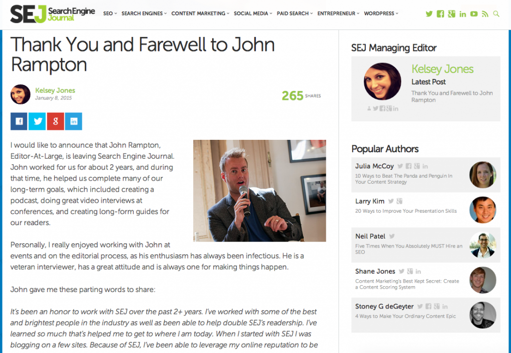 Thank You and Farewell to John Rampton on Search Engine Journal